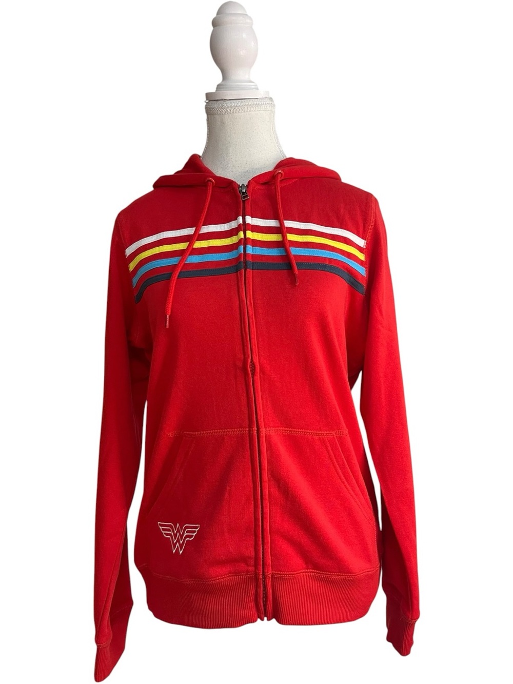 DC Comics Wonder Woman Zip-Up Fleece Lined Striped Hoodie Sweatshirt Red